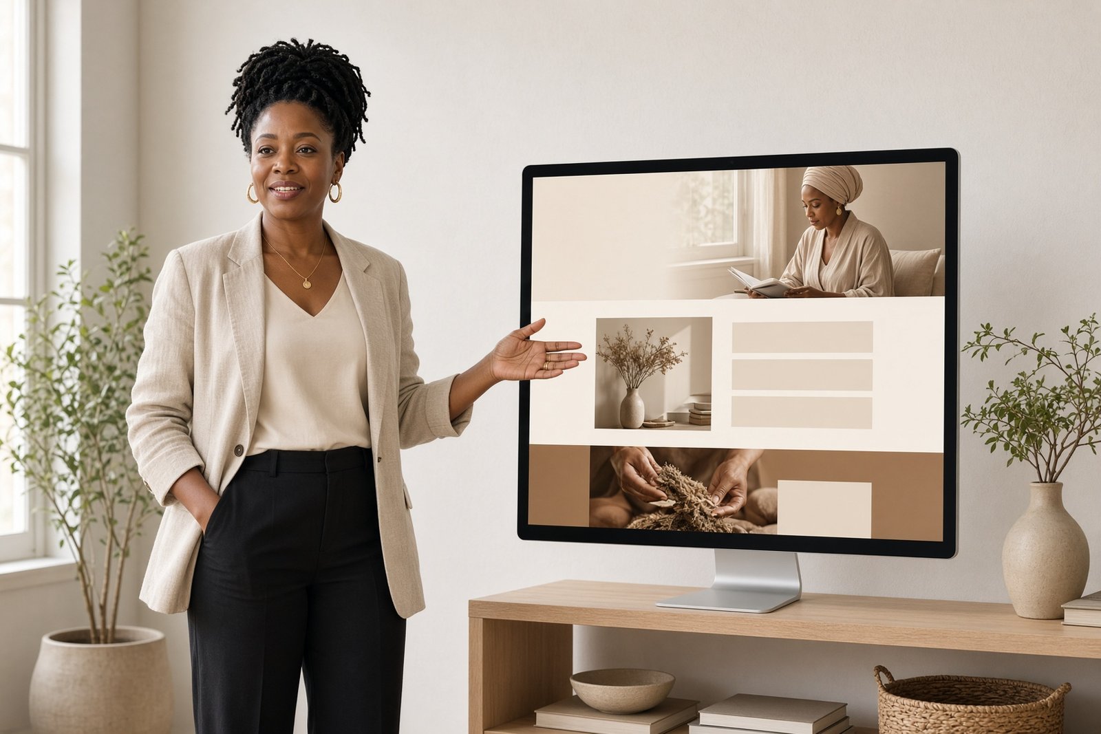 Unternehmerin präsentiert eine Landingpage